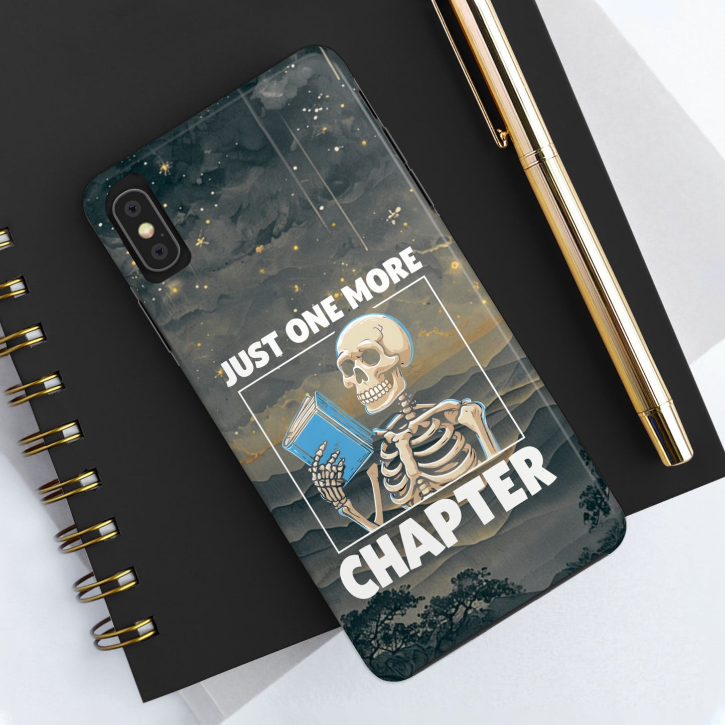 "Just One More Chapter" Skeleton Book Lover Tough Phone Case - Just One More Chapter, Unique Gift for Readers, Halloween Decor, Bookish Accessories, Literary