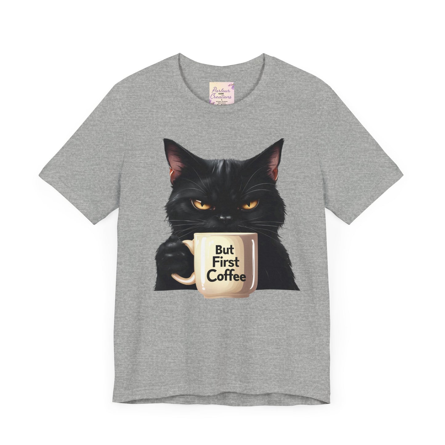 "But First Coffee" Cute Cat Unisex Tee - Fun T-Shirt for Cat Lovers, Perfect Gift, Casual Wear, Coffee Enthusiast, Birthday, Holidays