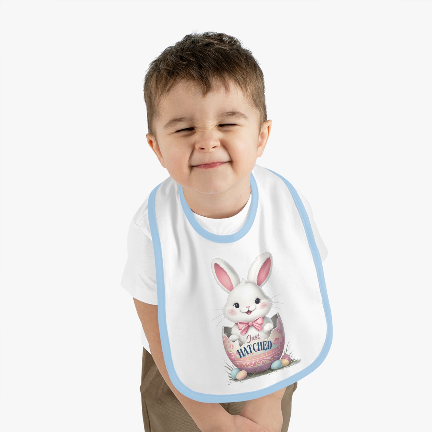 Just Hatched Easter Bunny Bib - Adorable Baby Contrast Trim Jersey Bib for Spring Celebrations