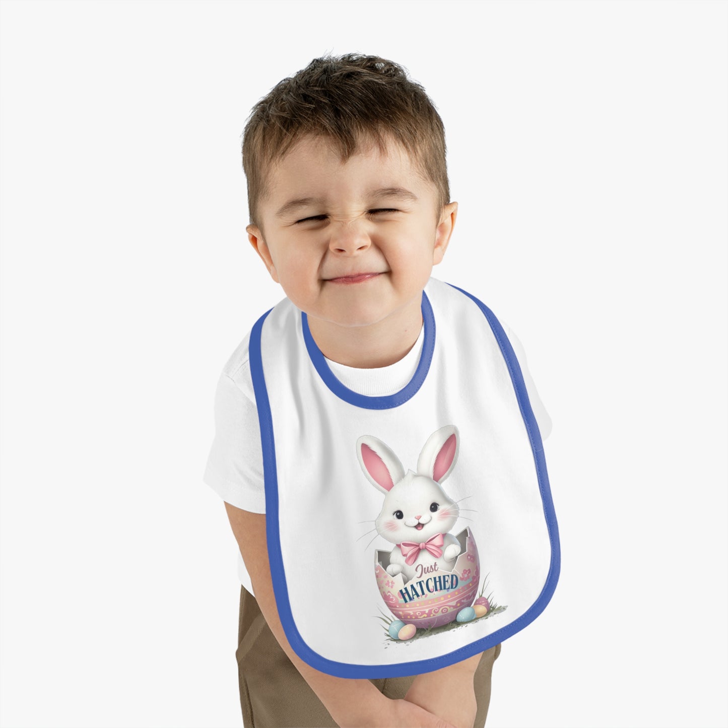 Just Hatched Easter Bunny Bib - Adorable Baby Contrast Trim Jersey Bib for Spring Celebrations