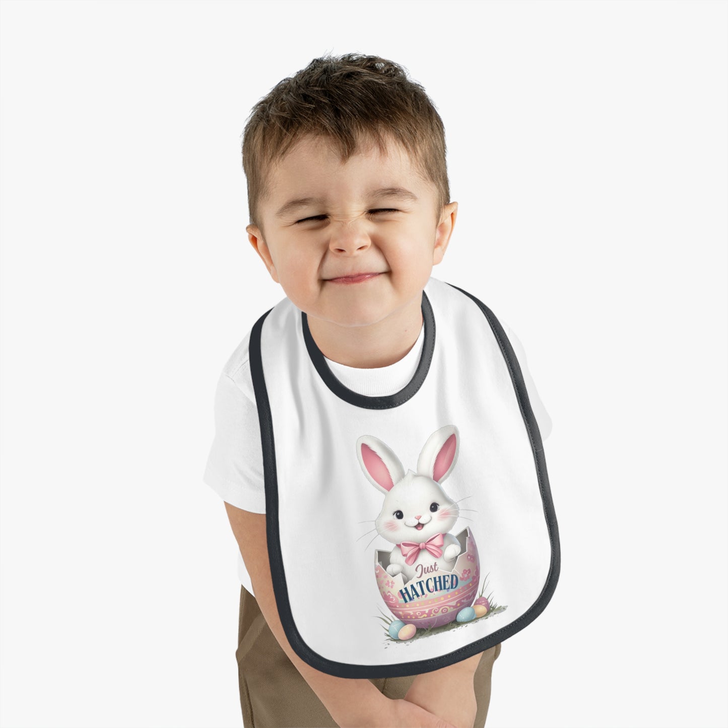 Just Hatched Easter Bunny Bib - Adorable Baby Contrast Trim Jersey Bib for Spring Celebrations