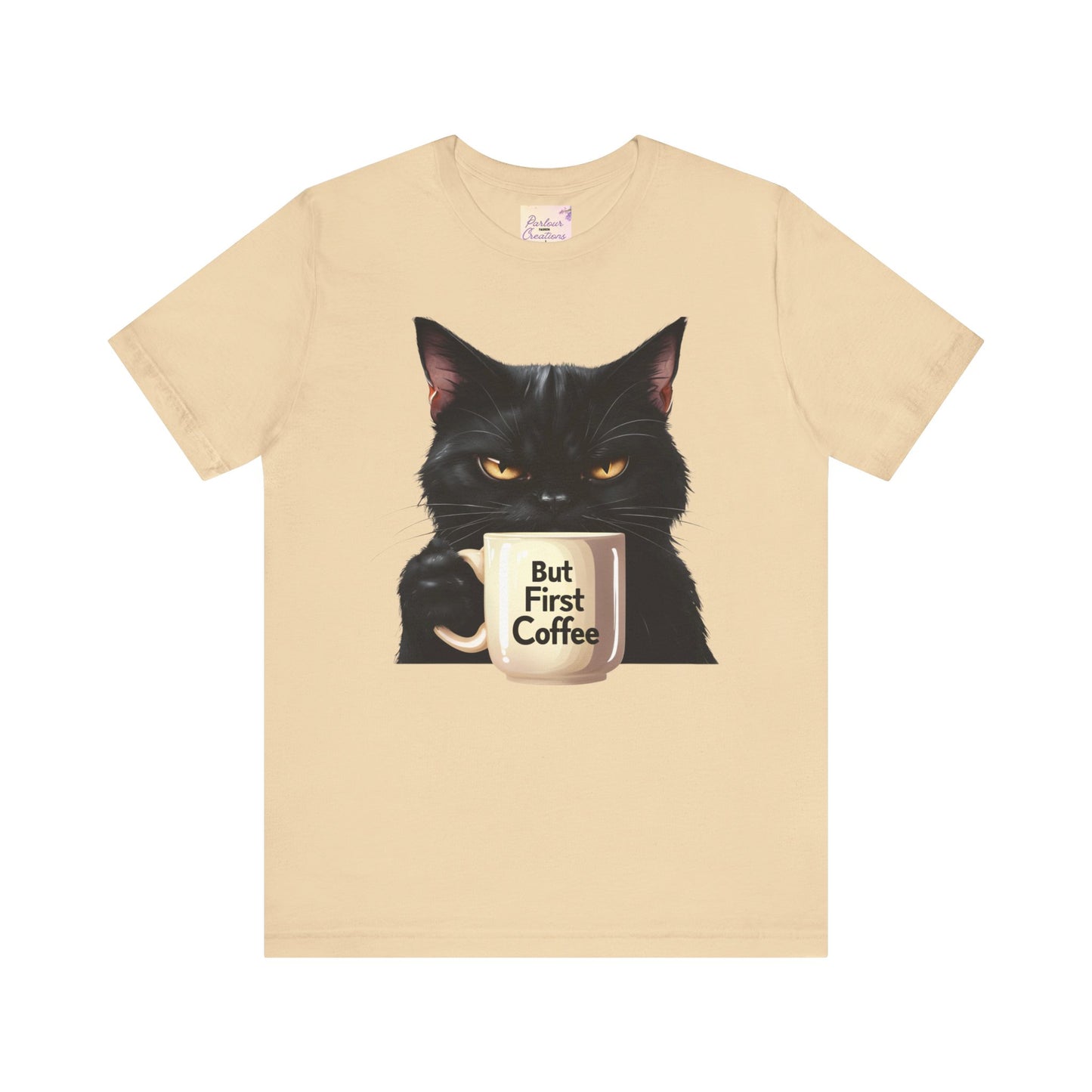 "But First Coffee" Cute Cat Unisex Tee - Fun T-Shirt for Cat Lovers, Perfect Gift, Casual Wear, Coffee Enthusiast, Birthday, Holidays