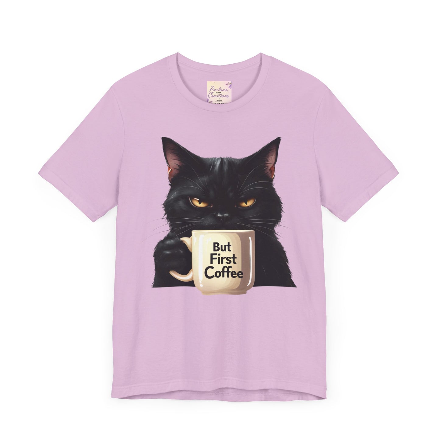 "But First Coffee" Cute Cat Unisex Tee - Fun T-Shirt for Cat Lovers, Perfect Gift, Casual Wear, Coffee Enthusiast, Birthday, Holidays