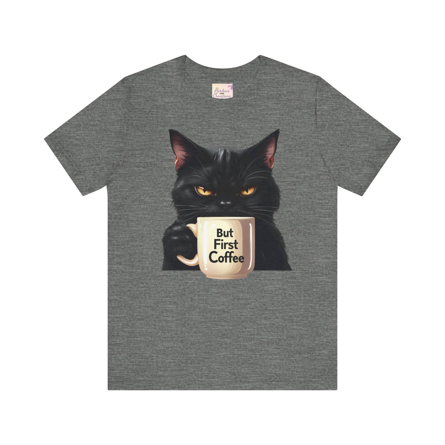 "But First Coffee" Cute Cat Unisex Tee - Fun T-Shirt for Cat Lovers, Perfect Gift, Casual Wear, Coffee Enthusiast, Birthday, Holidays