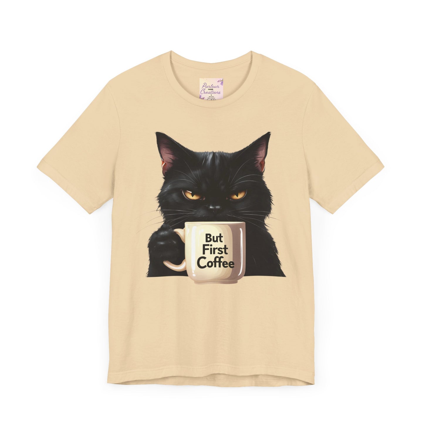 "But First Coffee" Cute Cat Unisex Tee - Fun T-Shirt for Cat Lovers, Perfect Gift, Casual Wear, Coffee Enthusiast, Birthday, Holidays