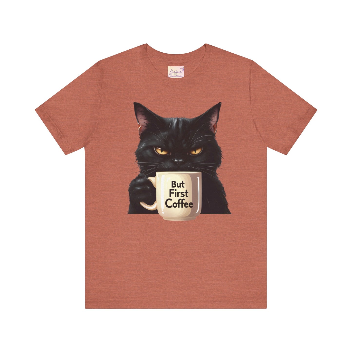 "But First Coffee" Cute Cat Unisex Tee - Fun T-Shirt for Cat Lovers, Perfect Gift, Casual Wear, Coffee Enthusiast, Birthday, Holidays