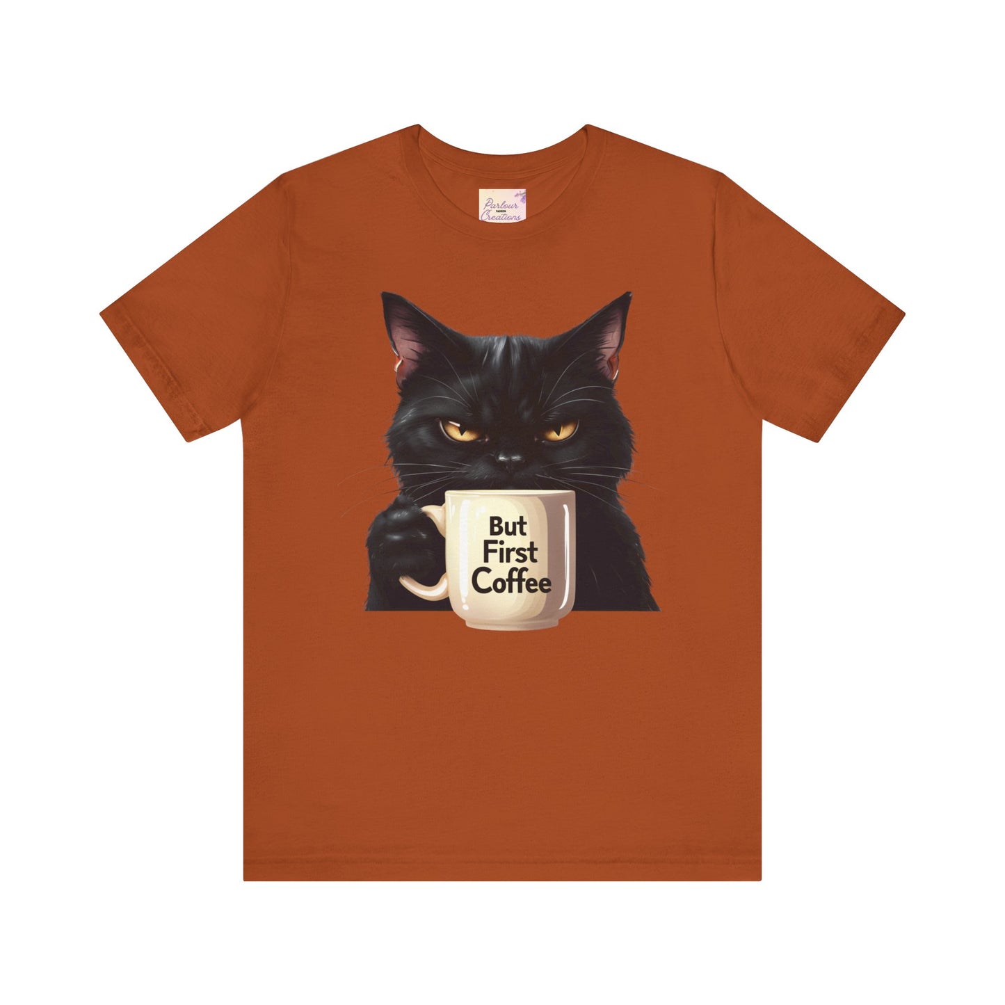 "But First Coffee" Cute Cat Unisex Tee - Fun T-Shirt for Cat Lovers, Perfect Gift, Casual Wear, Coffee Enthusiast, Birthday, Holidays