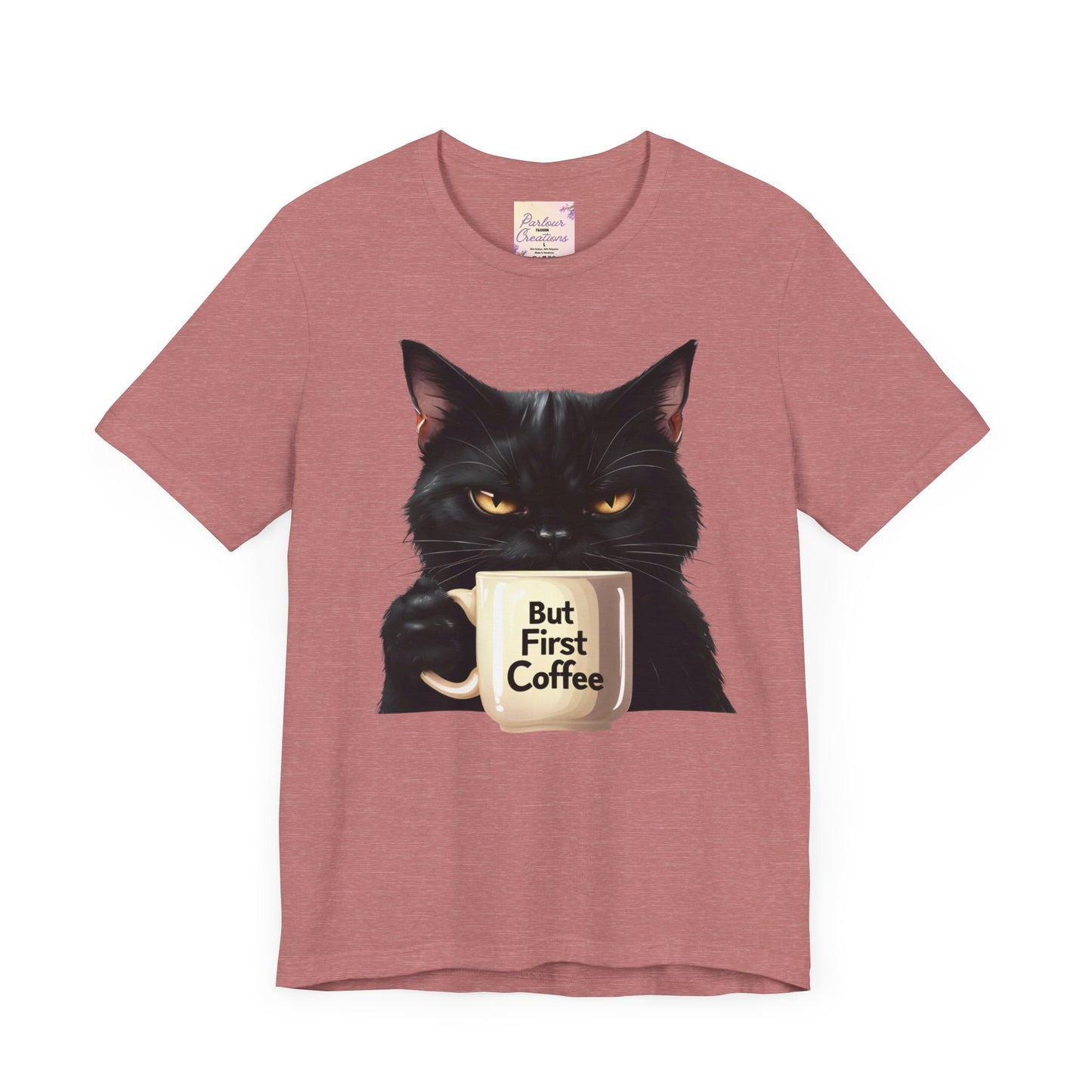 "But First Coffee" Cute Cat Unisex Tee - Fun T-Shirt for Cat Lovers, Perfect Gift, Casual Wear, Coffee Enthusiast, Birthday, Holidays