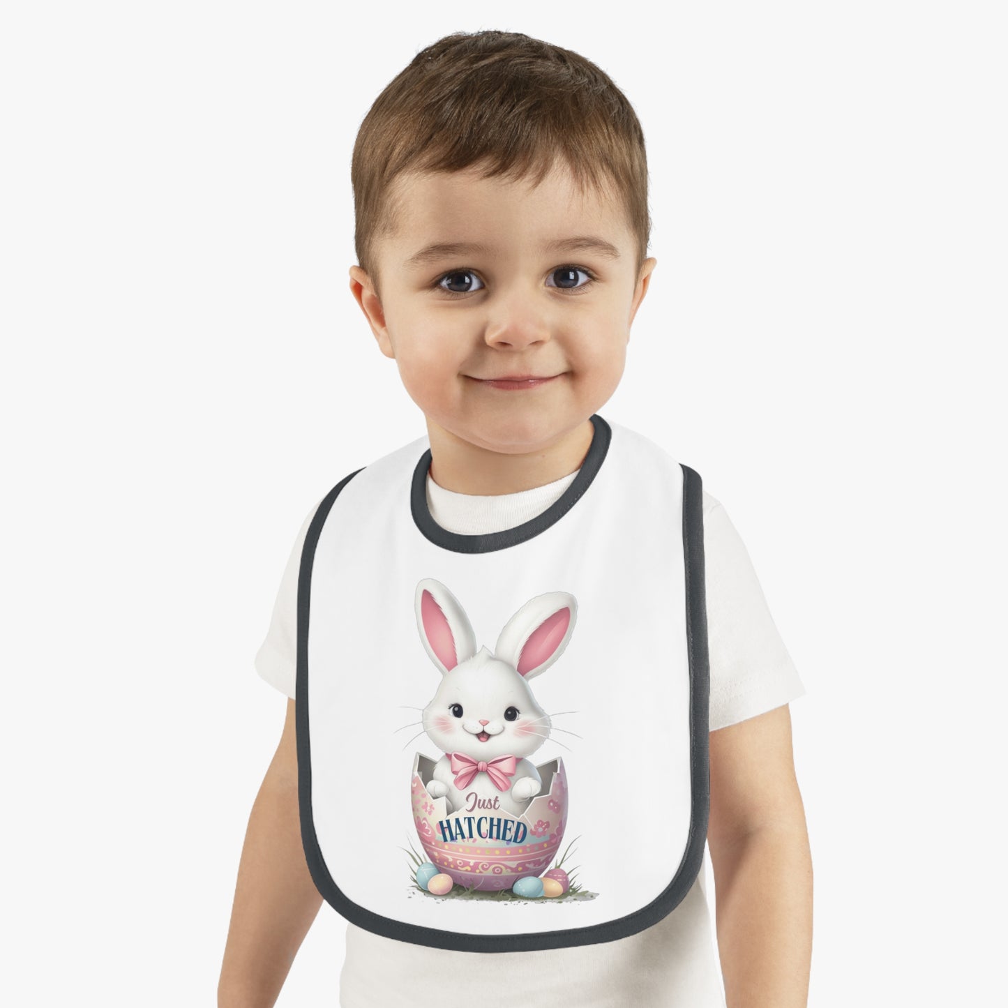 Just Hatched Easter Bunny Bib - Adorable Baby Contrast Trim Jersey Bib for Spring Celebrations