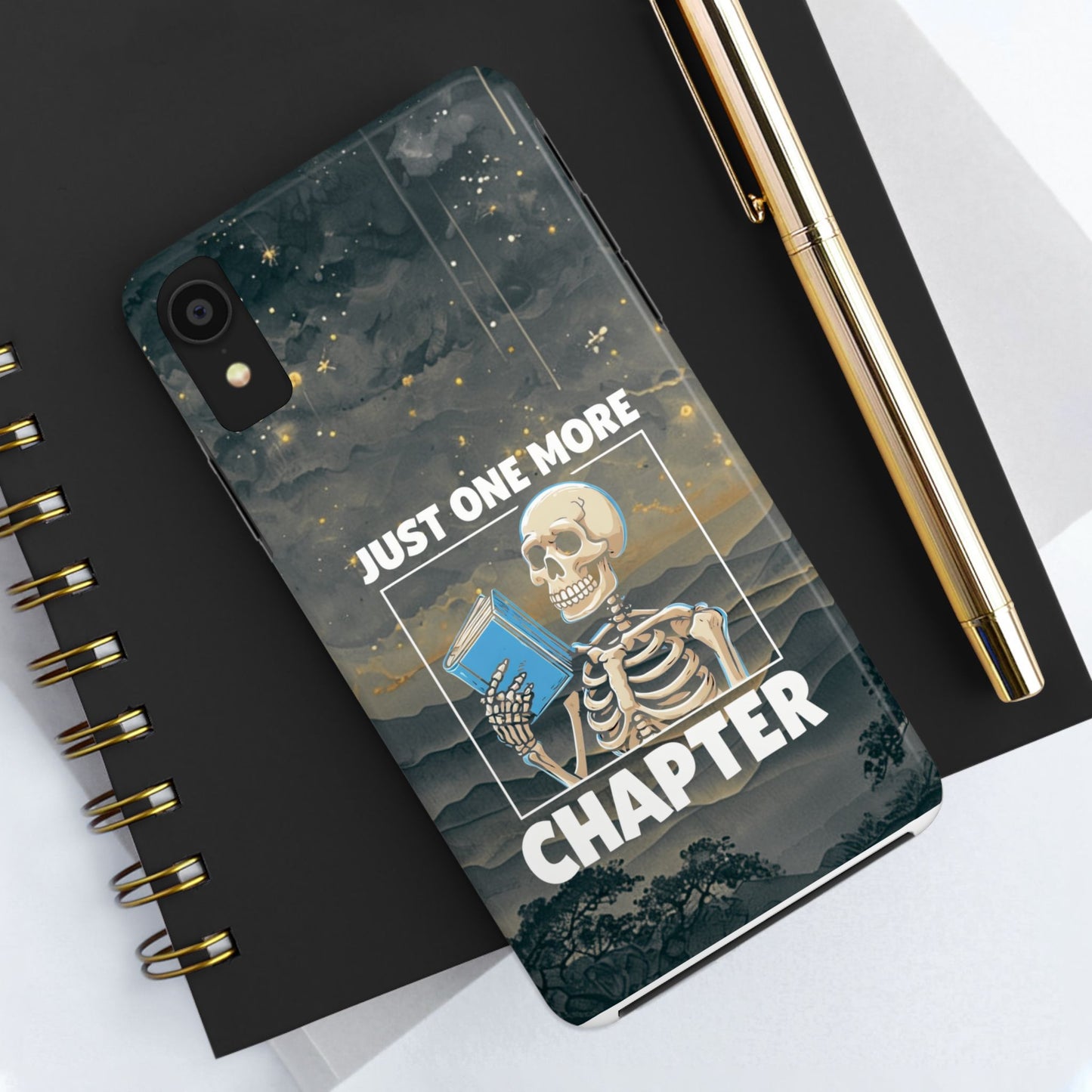 "Just One More Chapter" Skeleton Book Lover Tough Phone Case - Just One More Chapter, Unique Gift for Readers, Halloween Decor, Bookish Accessories, Literary