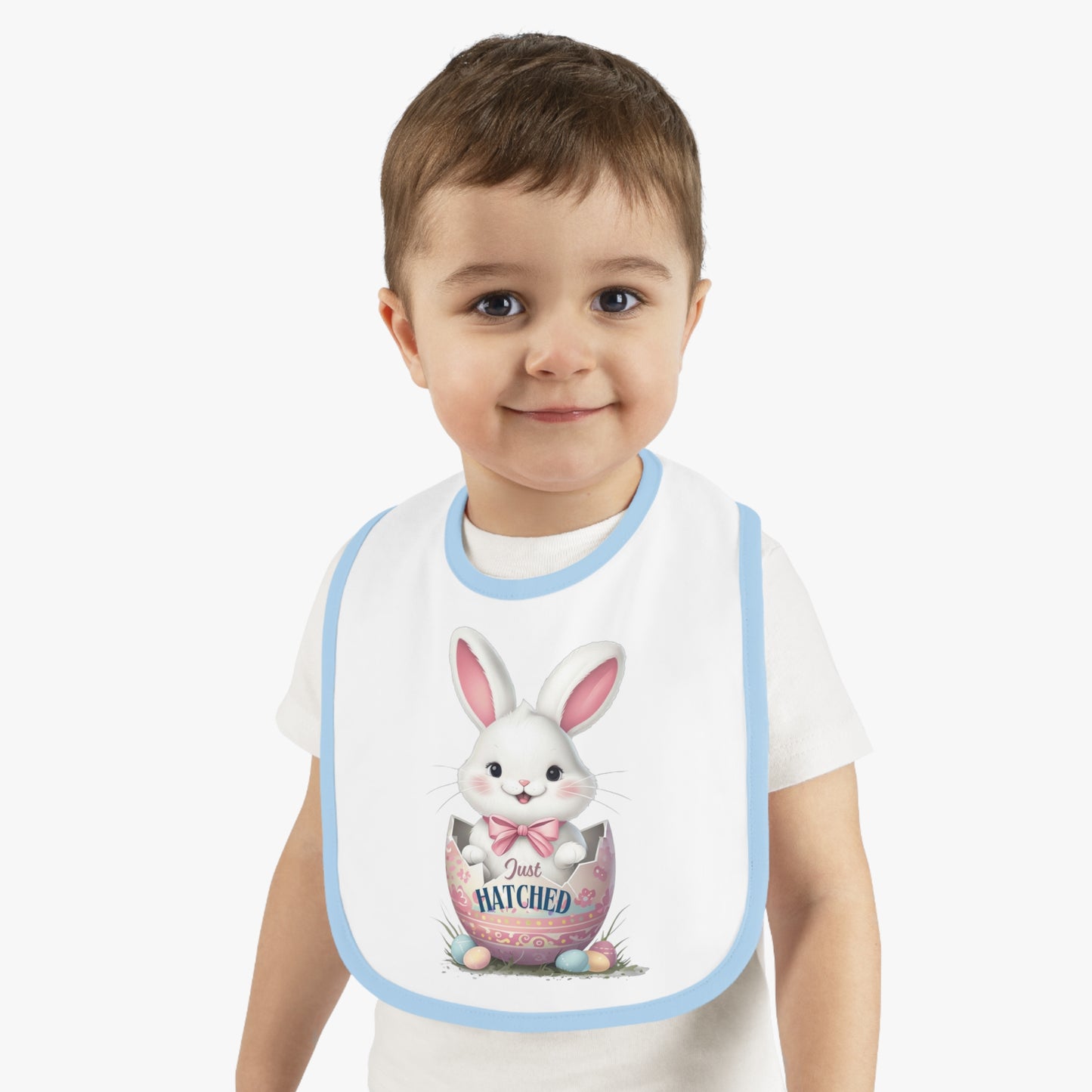 Just Hatched Easter Bunny Bib - Adorable Baby Contrast Trim Jersey Bib for Spring Celebrations