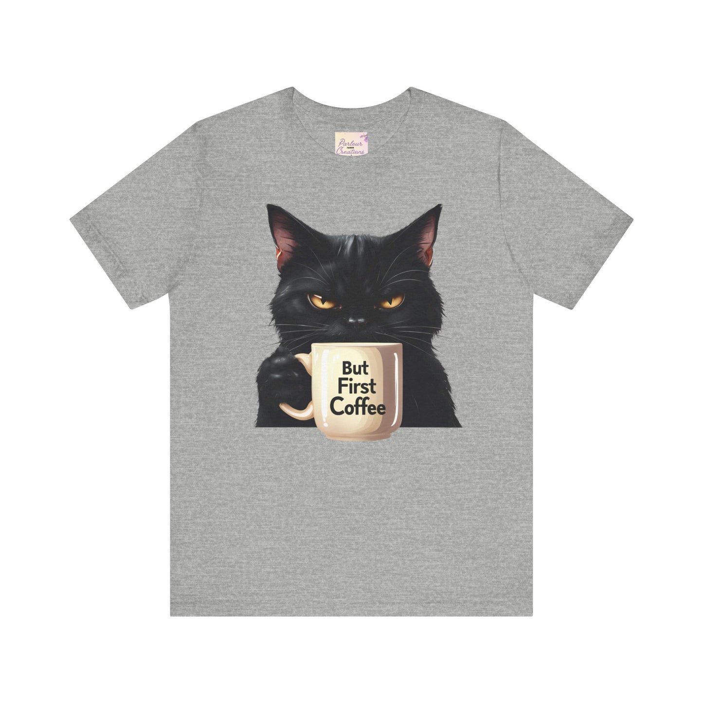 "But First Coffee" Cute Cat Unisex Tee - Fun T-Shirt for Cat Lovers, Perfect Gift, Casual Wear, Coffee Enthusiast, Birthday, Holidays