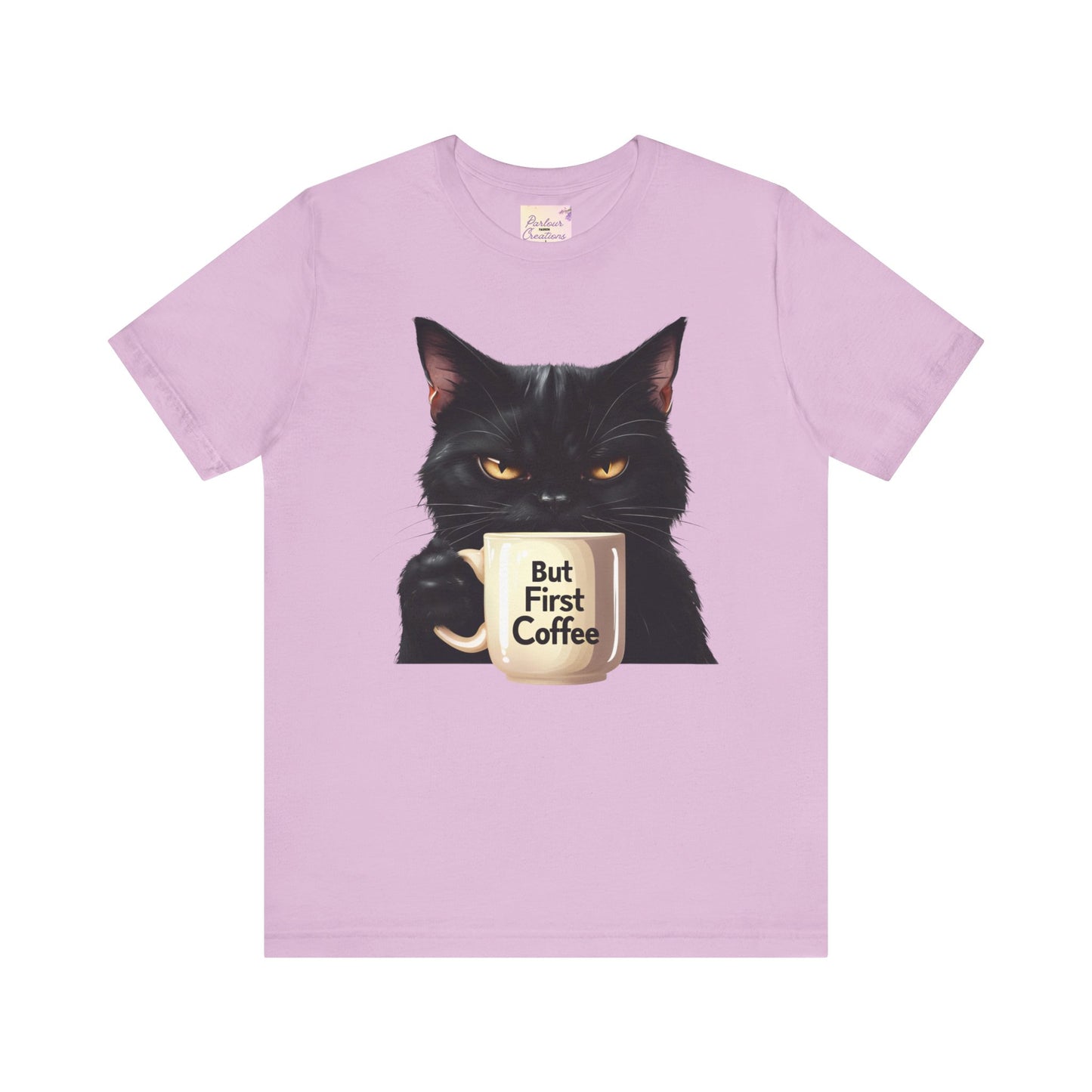 "But First Coffee" Cute Cat Unisex Tee - Fun T-Shirt for Cat Lovers, Perfect Gift, Casual Wear, Coffee Enthusiast, Birthday, Holidays