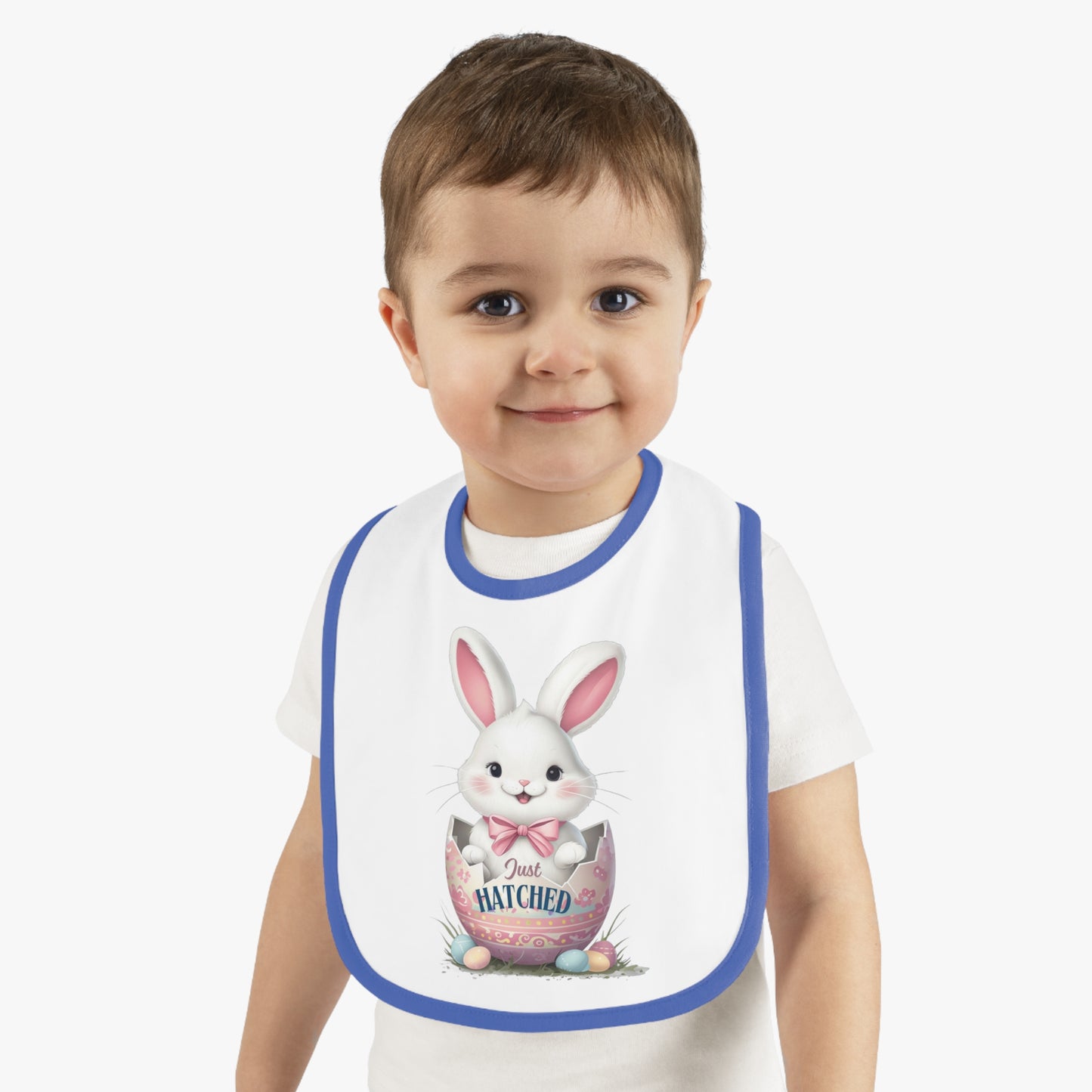 Just Hatched Easter Bunny Bib - Adorable Baby Contrast Trim Jersey Bib for Spring Celebrations