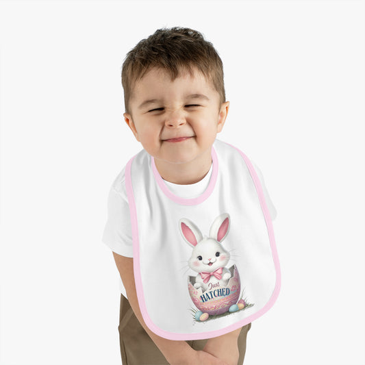 Just Hatched Easter Bunny Bib - Adorable Baby Contrast Trim Jersey Bib for Spring Celebrations