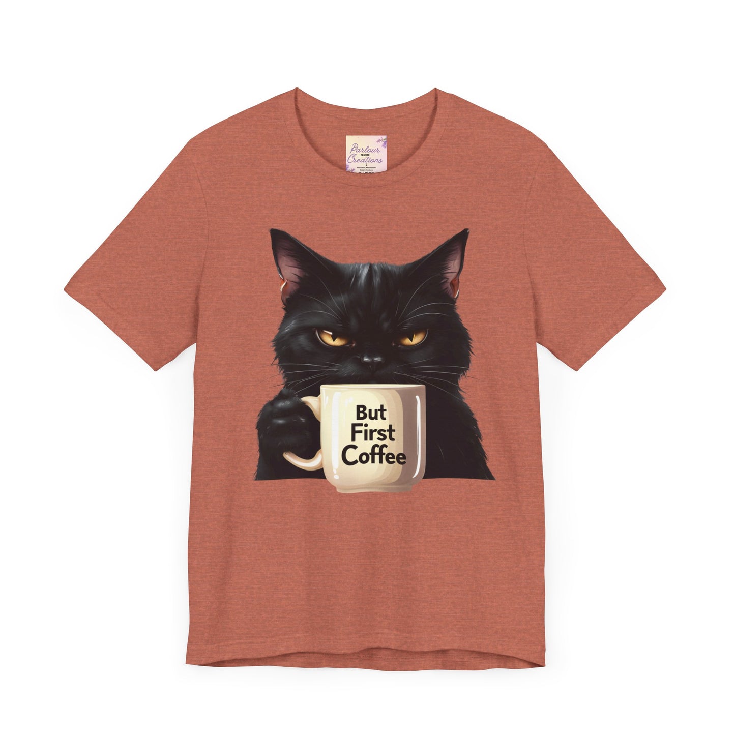 "But First Coffee" Cute Cat Unisex Tee - Fun T-Shirt for Cat Lovers, Perfect Gift, Casual Wear, Coffee Enthusiast, Birthday, Holidays