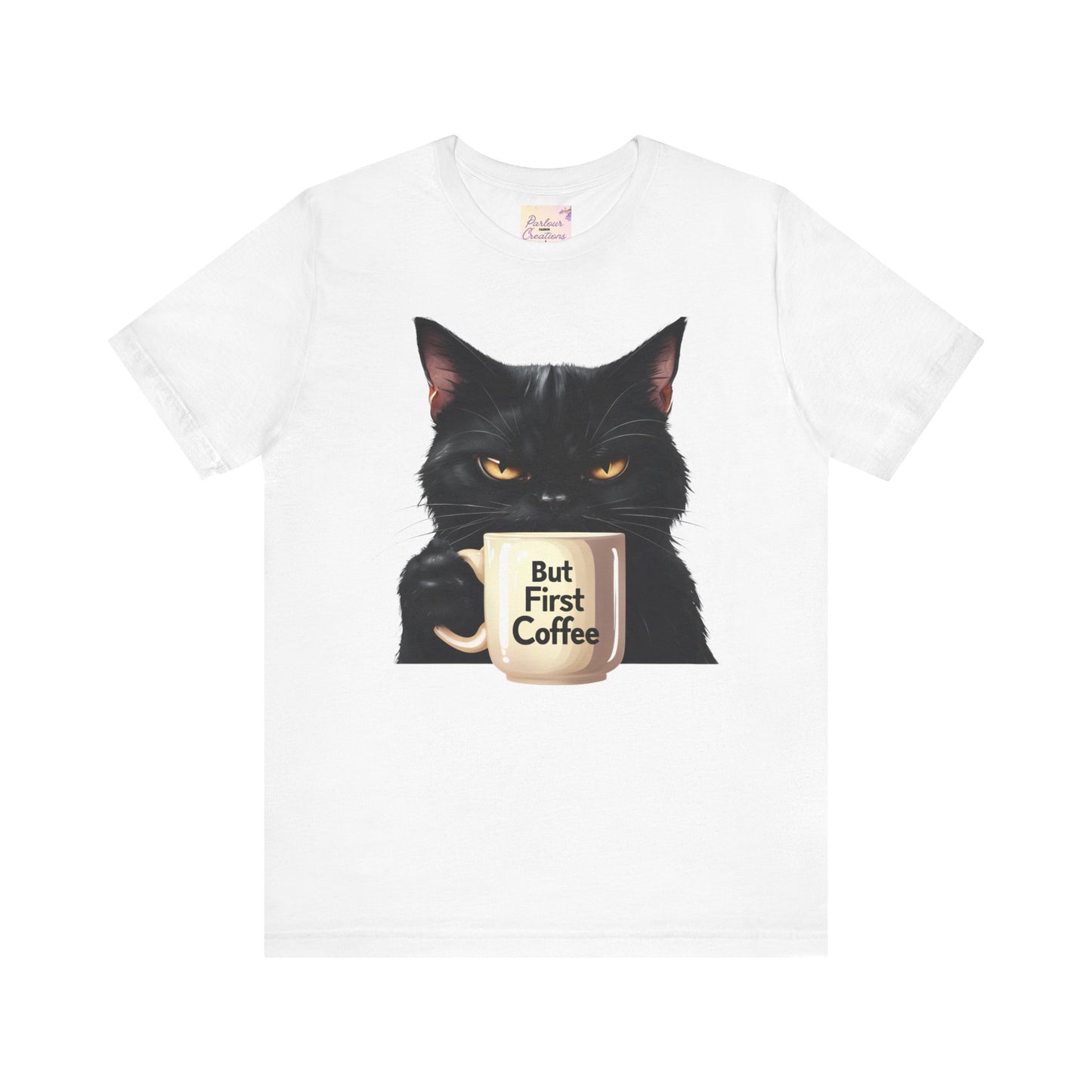 "But First Coffee" Cute Cat Unisex Tee - Fun T-Shirt for Cat Lovers, Perfect Gift, Casual Wear, Coffee Enthusiast, Birthday, Holidays